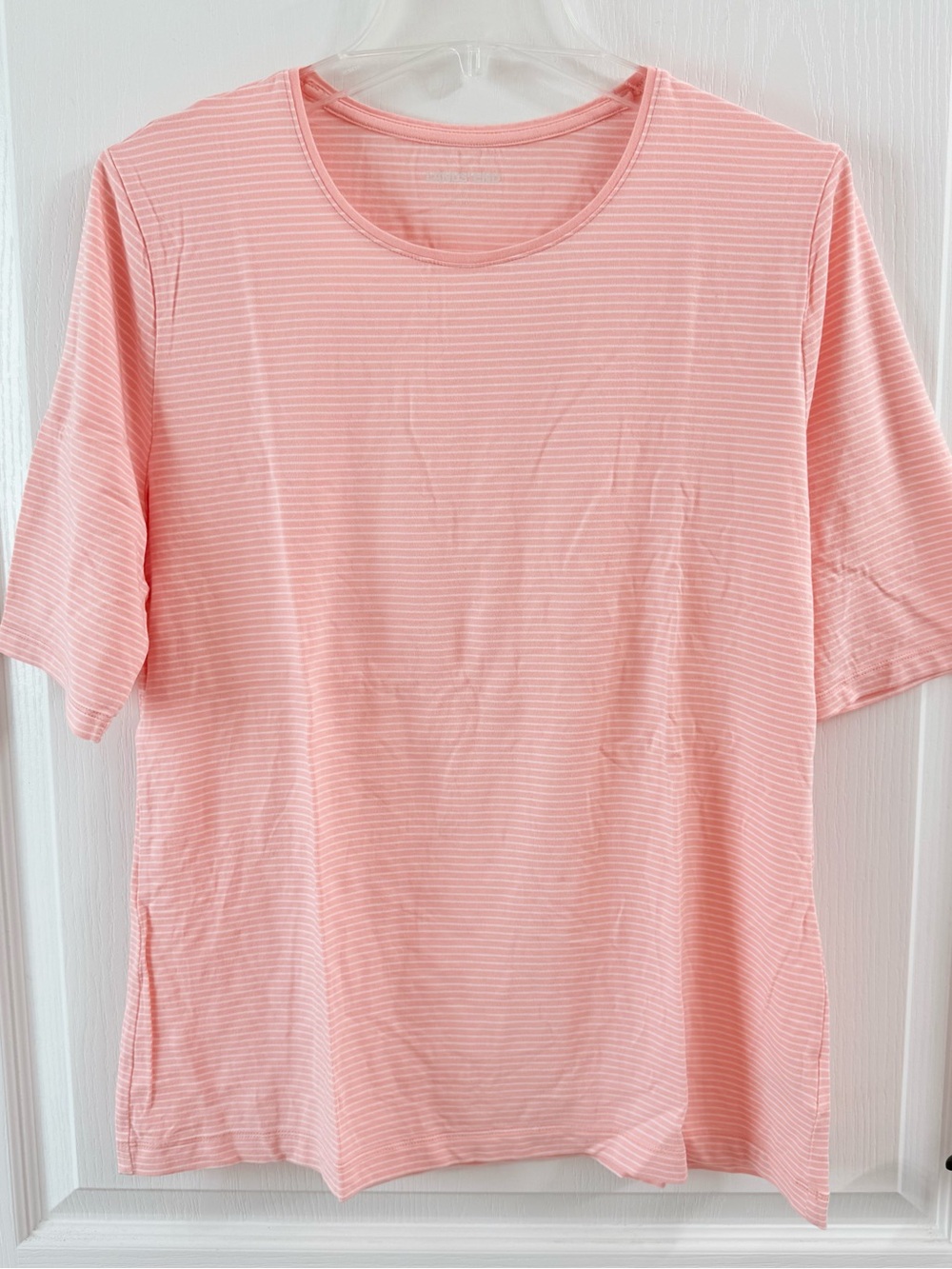 Lands' End Men's Pink and White Striped Crewneck Tee